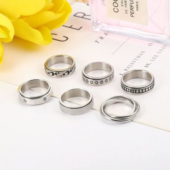 6Pcs Stainless Spinner Rings Set For Women Mens CZ Matte Flower Triple Interlocked Rolling Stress Relieving Ring Anxiety Relief Fidget Band Rings 6Pcs Stainless Spinner Rings Set For Women Mens CZ Matte Flower Triple Interlocked Rolling Stress Relieving Ring Anxiety Relief Fidget Band Rings